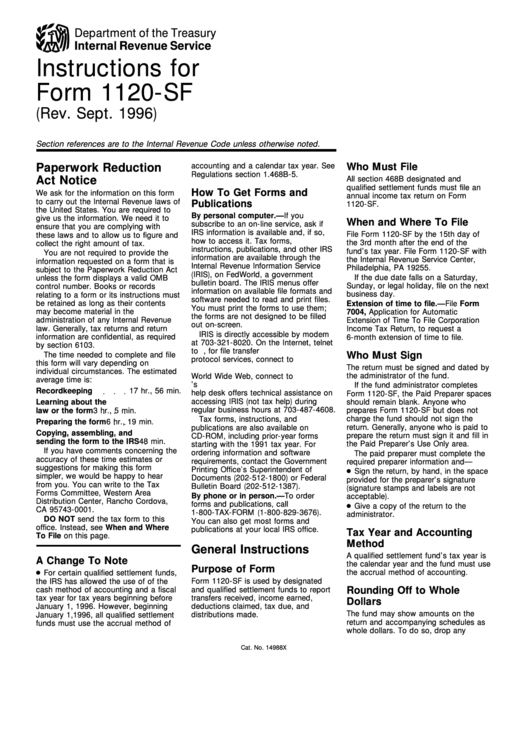 Instructions For Form 1120-Sf - (Rev. Sept. 1996) Printable pdf