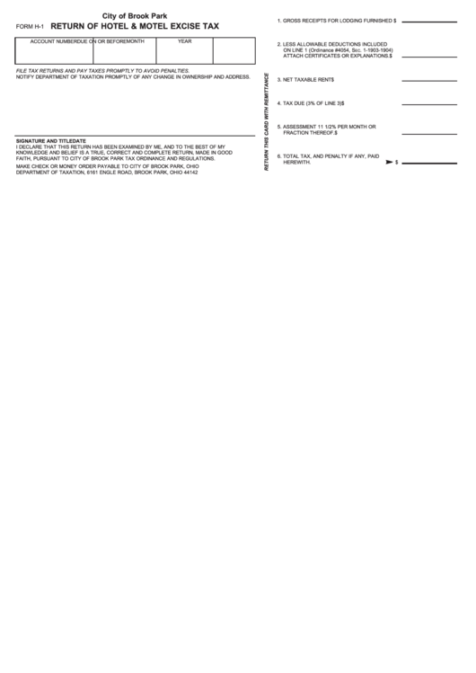 Form H-1 - Return Of Hotel & Motel Excise Tax - City Of Brook Park Printable pdf