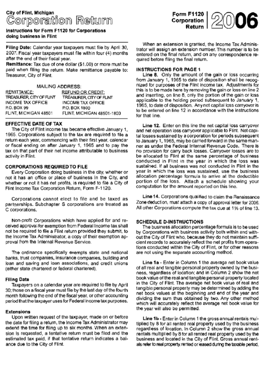 Instructions For Form F1120 - Corporation Return - 2006 Printable pdf