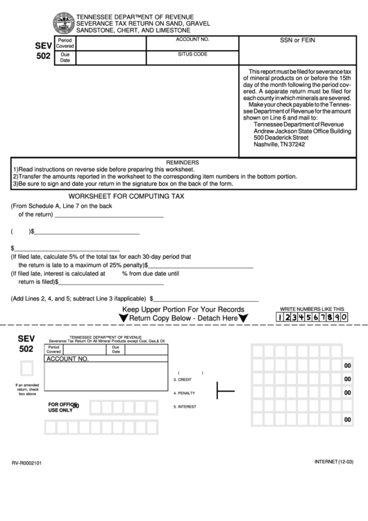 Form Sev 502 - Severance Tax Return On Sand, Gravel Sandstone, Chert, And Limestone Printable pdf