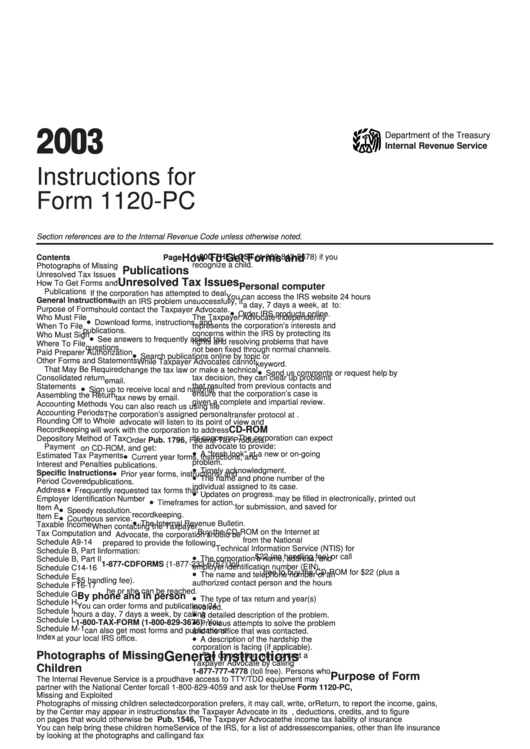 Instructions For Form 1120-Pc - 2003 Printable pdf
