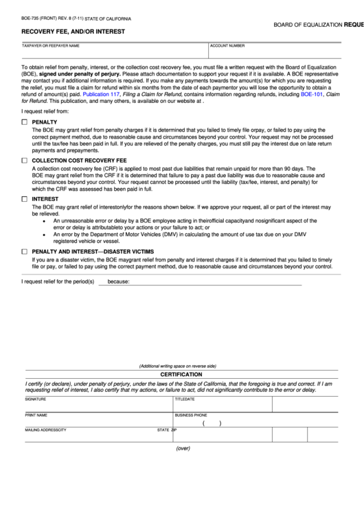 Fillable Form Boe-735 - Request For Relief From Penalty, Collection Cost Recovery Fee, And/or Interest Printable pdf