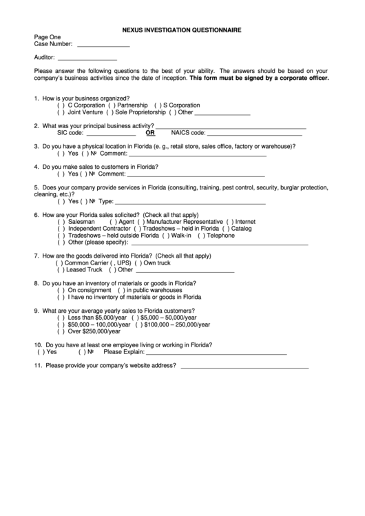 Nexus Investigation Questionnaire Form printable pdf download