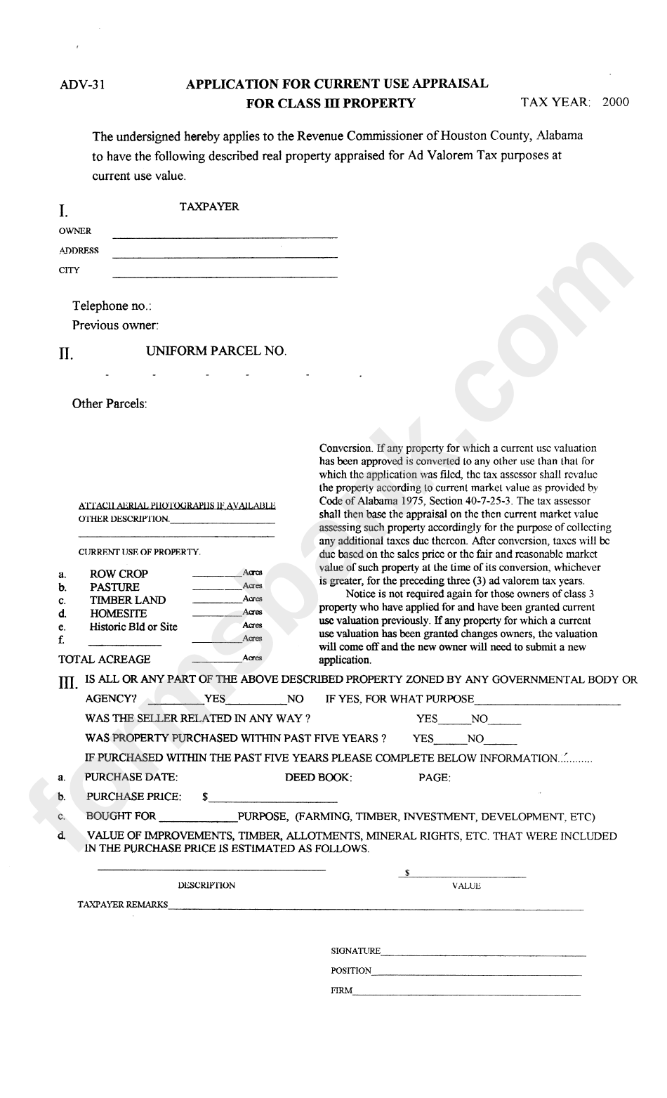 Form Adv-31 - Application For Current Use Appraisal For Class Iii Property 2000