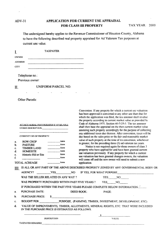 Form Adv-31 - Application For Current Use Appraisal For Class Iii Property 2000 Printable pdf
