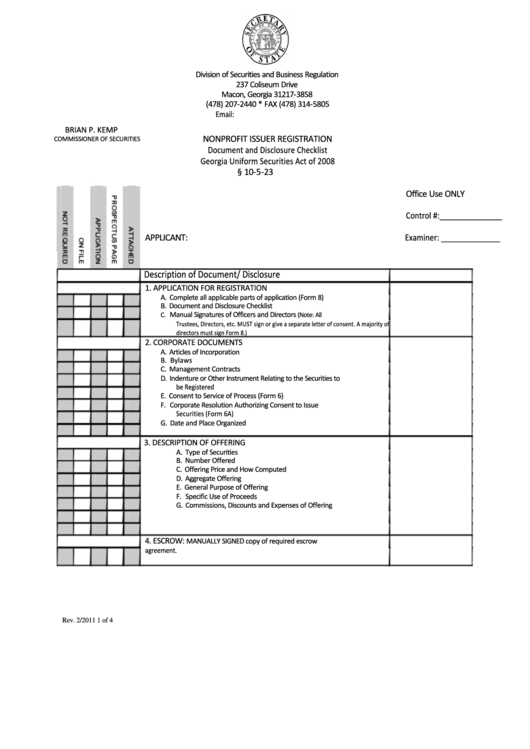 Nonprofit Issuer Registration Document And Disclosure Checklist Form Printable pdf
