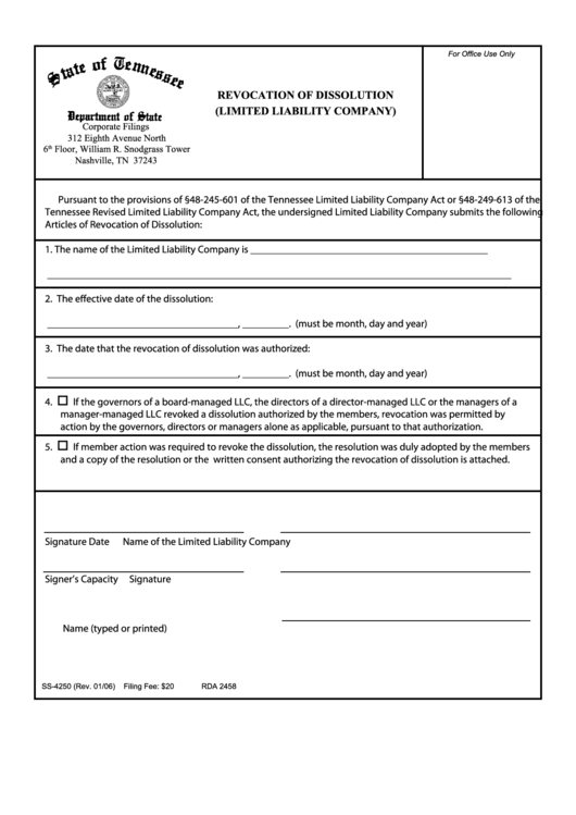 Form Ss-4250 - Revocation Of Dissolution (Limited Liability Company) Printable pdf
