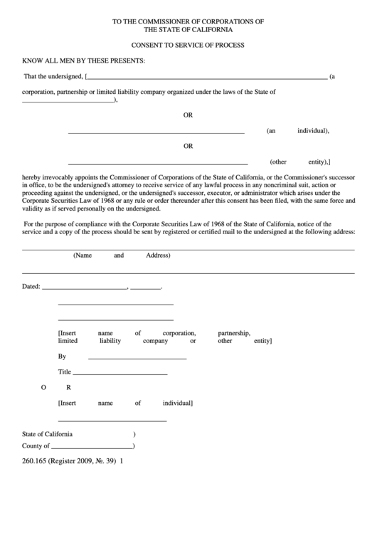 Form 260.165 - Consent To Service Of Process Printable pdf