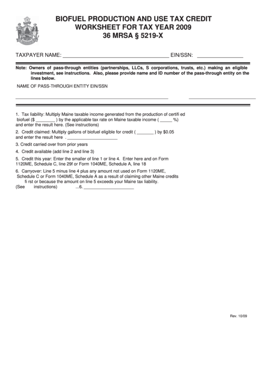 Biofuel Production And Use Tax Credit Worksheet For Tax Year 2009 Printable pdf