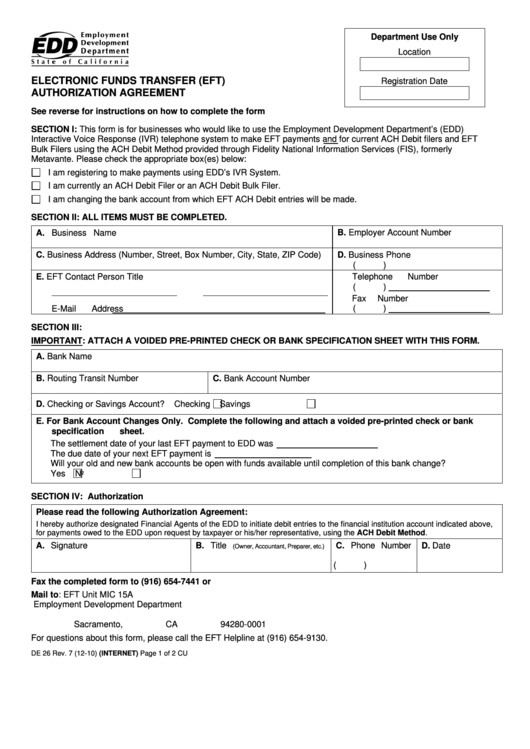Fillable Form De 26 - Electronic Funds Transfer (Eft) Authorization Agreement Printable pdf