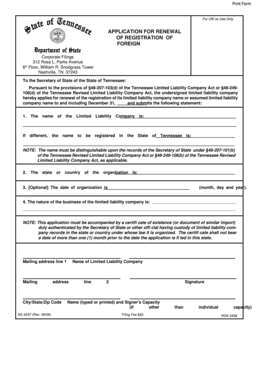 Fillable Form Ss-4237 - Application For Renewal Of Registration Of Foreign L.l.c. Name Printable pdf