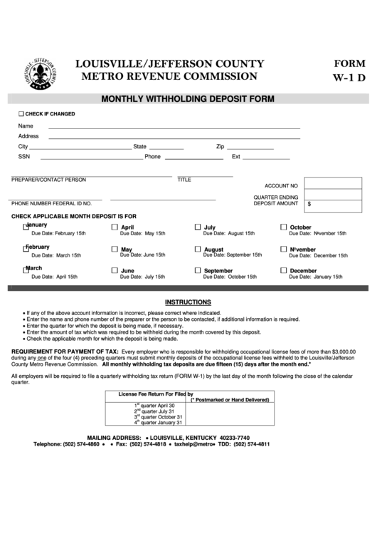 Fillable Form W-1 D - Monthly Withholding Deposit Form Printable pdf