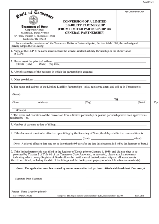 Fillable Form Ss-4489 - Conversion Of A Limited Liability Partnership (From Limited Partnership Or General Partnership) Printable pdf