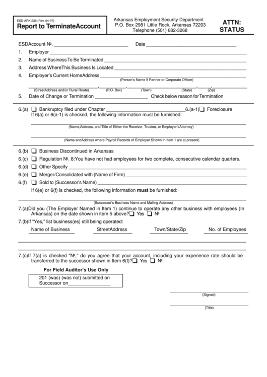 Fillable Form Esd-Ark-236 - Report To Terminate Account Printable pdf