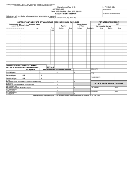 Fillable Form Uc-522 - Adjustment Report Printable pdf