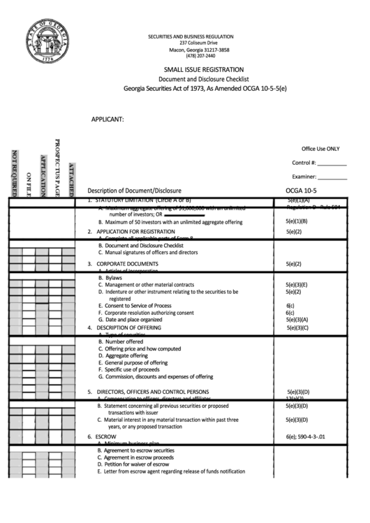 Form 8s - Small Issue Registration - Document And Disclosure Checklist Printable pdf