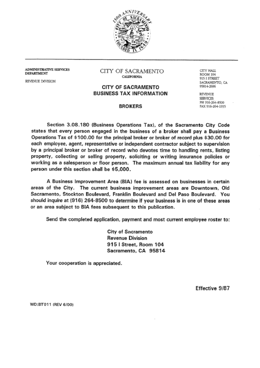 Business Tax Information - City Of Sacramento Printable pdf