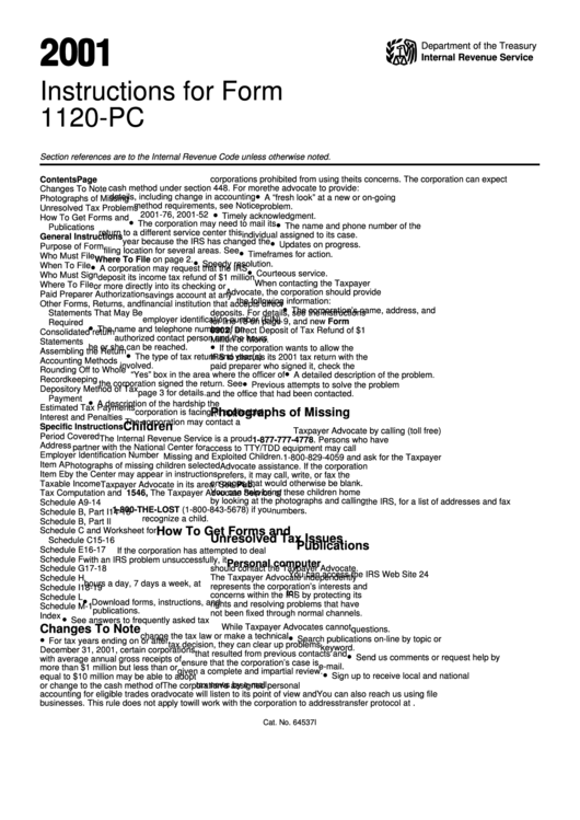 Instructions For Form 1120 Pc 2001 Printable Pdf Download