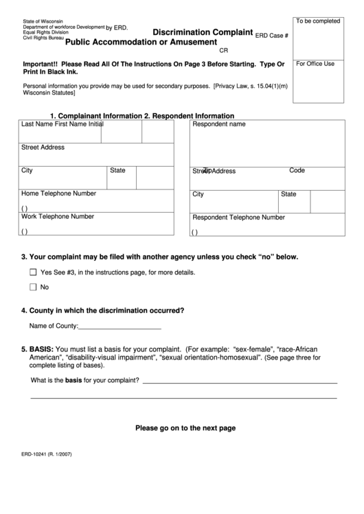 Form Erd-10241 - Discrimination Complaint Public Accommodation Or Amusement 2007 Printable pdf