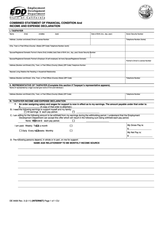 Fillable Form De 9406 - Combined Statement Of Financial Condition And Income And Expense Declaration Printable pdf
