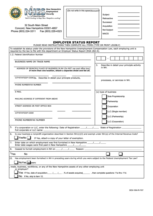 Fillable Form Des-100a - Employer Status Report - 2007 Printable pdf
