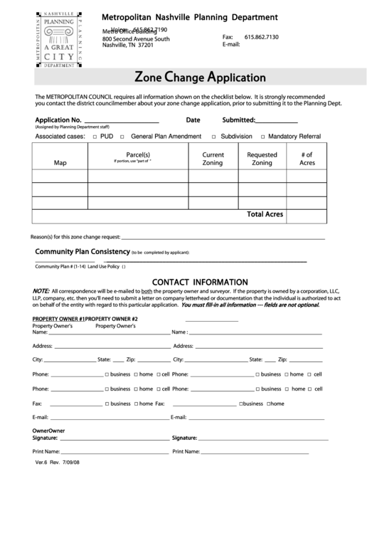 Zone Change Application Form - Metropolitan Nashville Planning Department Printable pdf