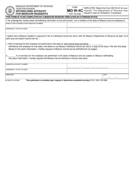 Fillable Form Mo W-4c - Withholding Affidavit For Missouri Residents 2008 Printable pdf