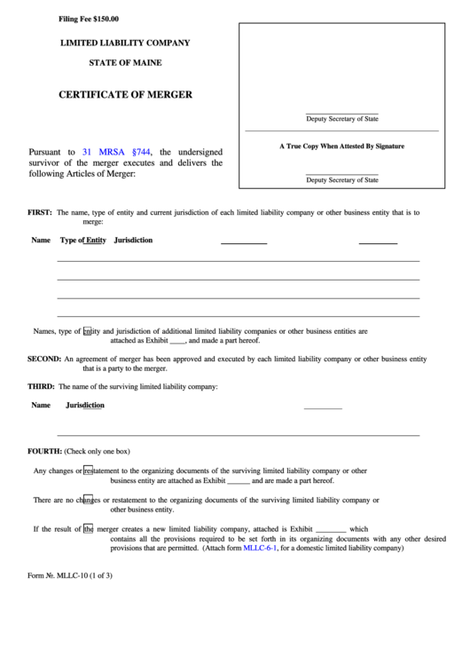 Fillable Form Mllc-10 - Certificate Of Merger Printable pdf