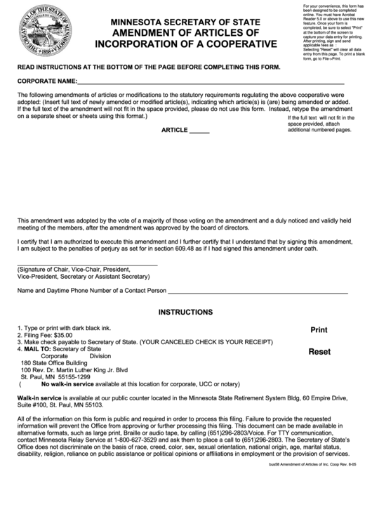 Amendment Of Articles Of Incorporation Of A Cooperative - Minnesota Secretary Of State - 2005 Printable pdf