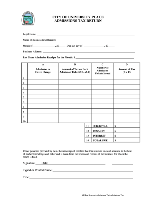 City Of University Place Admissions Tax Return Form Printable pdf