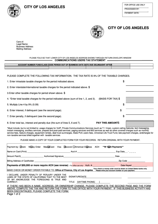 Communications Users Tax Statement - City Of Los Angeles Printable pdf
