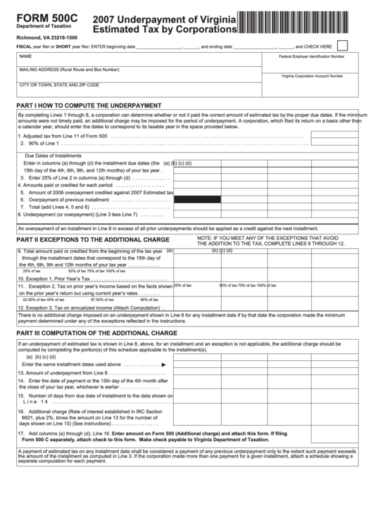 Form 500c - Underpayment Of Virginia Estimated Tax By Corporations - 2007 Printable pdf