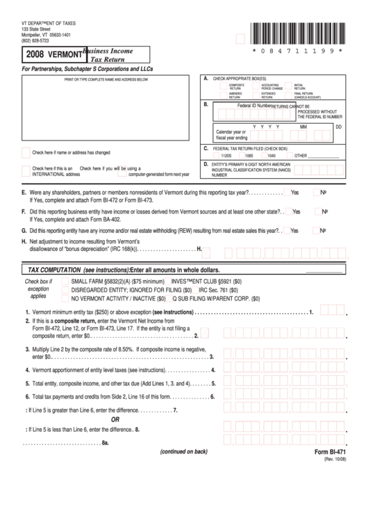 Form Bi-471 - Business Income Tax Return - 2008 Printable pdf