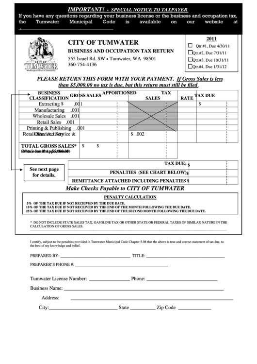 Business And Occupation Tax Return - City Of Tumwater - 2011 Printable pdf