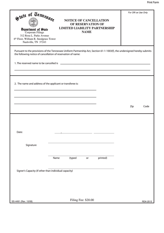 Fillable Form Ss-4491 - Notice Of Cancellation Of Reservation Of Limited Liability Partnership Name Printable pdf