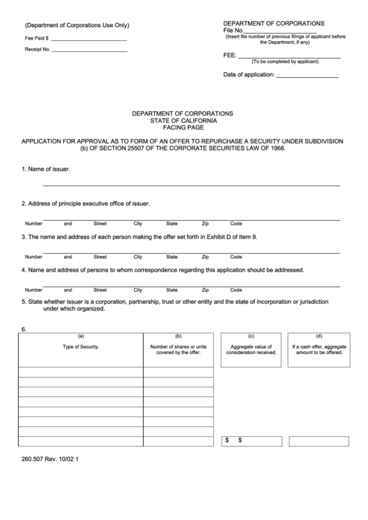 Form 260.507 - Application For Approval As To Form Of An Offer To Repurchase A Security Printable pdf