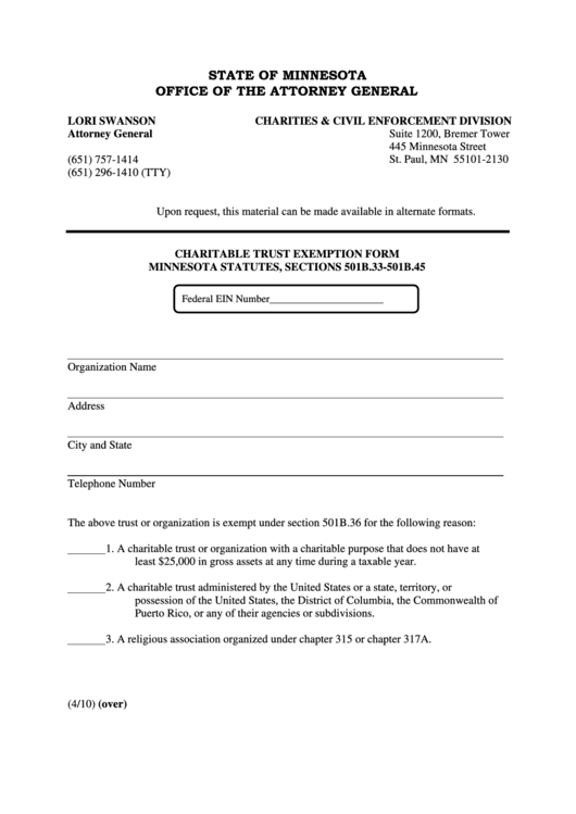 Fillable Charitable Trust Exemption Form - Office Of The Attorney General 2010 Printable pdf