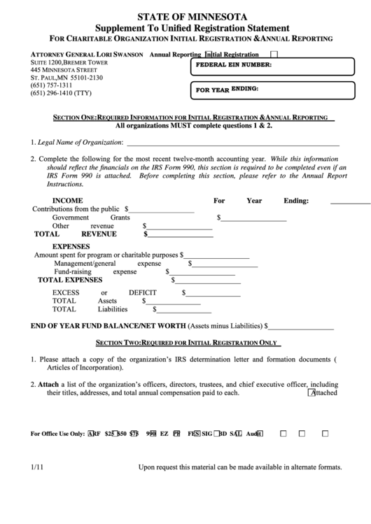 Fillable Supplement To Unified Registration Statement For Charitable Organization Initial Registration & Annual Reporting Form 2011 Printable pdf