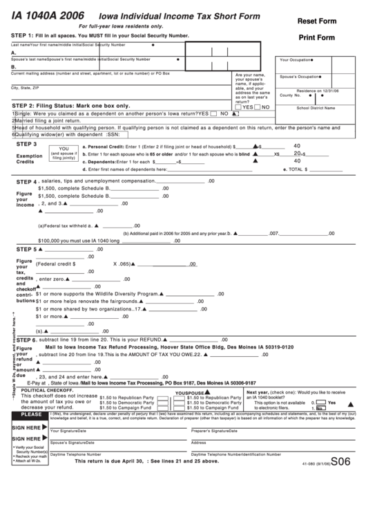 Fillable Form Ia 1040a - Iowa Individual Income Tax - Short Form - 2006 Printable pdf
