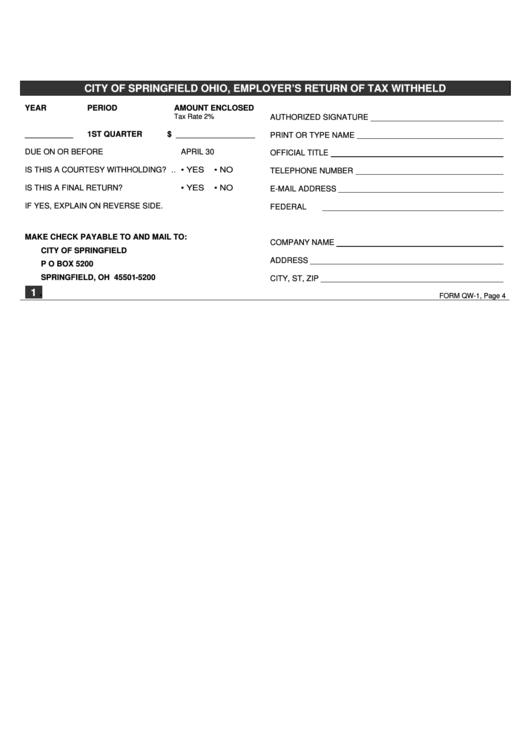 Employer S Return Of Tax Withheld Form - City Of Springfield Ohio Printable pdf