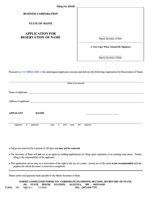 Fillable Form Mbca-1 - Application For Reservation Of Name - 2003 Printable pdf