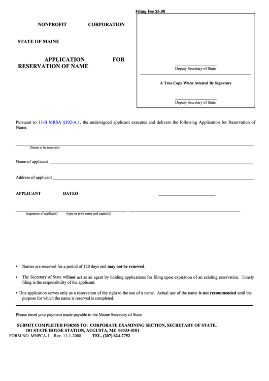 Fillable Form Mnpca-1 - Application For Reservation Of Name - 2008 Printable pdf