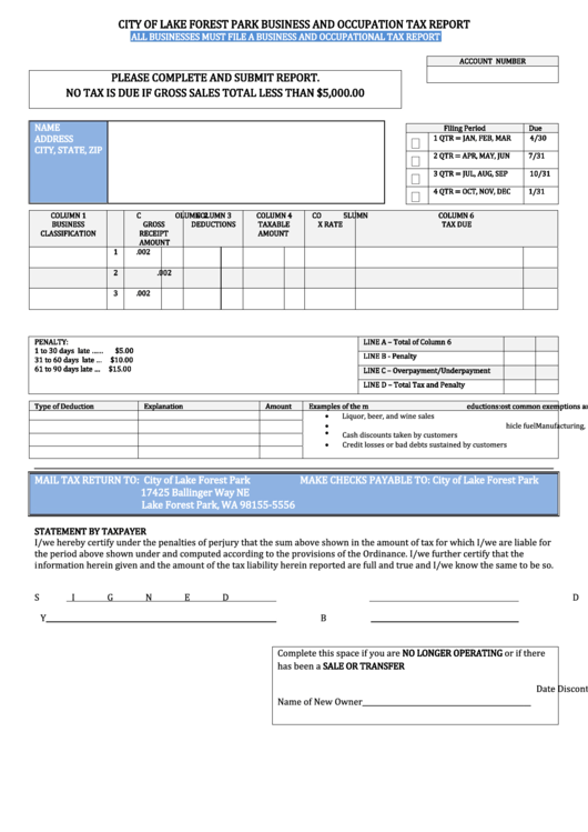 City Of Lake Forest Park Business And Occupation Tax Report Printable pdf