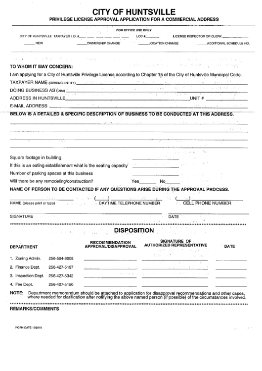 Fillable Privilege License Approval Application For A Commercial Address - City Of Huntsville 2011 Printable pdf