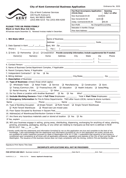 City Of Kent Commercial Business Application Printable pdf