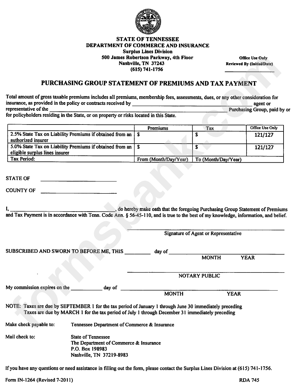 Form In-1264 - Purchasing Group Statement Of Premiums And Tax Payments