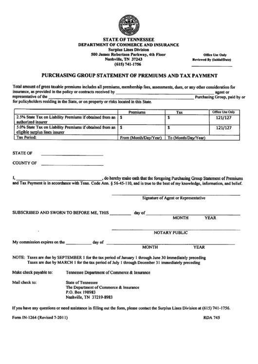 Form In-1264 - Purchasing Group Statement Of Premiums And Tax Payments Printable pdf
