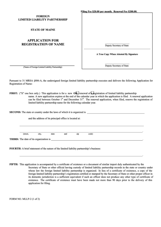 Fillable Form Mllp-2 - Application For Registration Of Name Printable pdf