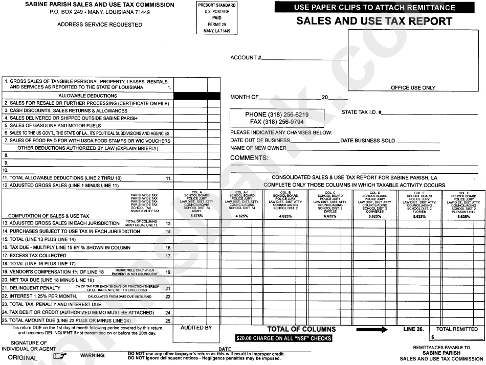 Sales And Use Tax Report Sabine Parish, Louisiana printable pdf download