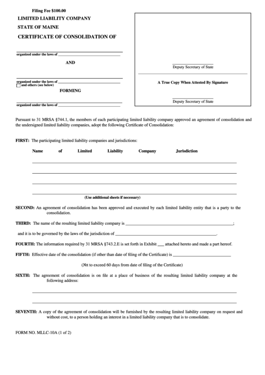 Fillable Form Mllc-10a - Limited Liability Company Certificate Of Consolidation Printable pdf
